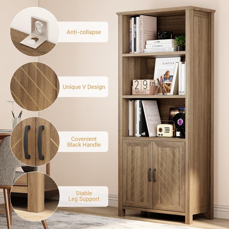 5-Tier Farmhouse Bookshelf with Doors Adjustable Shelf and Stable Legs