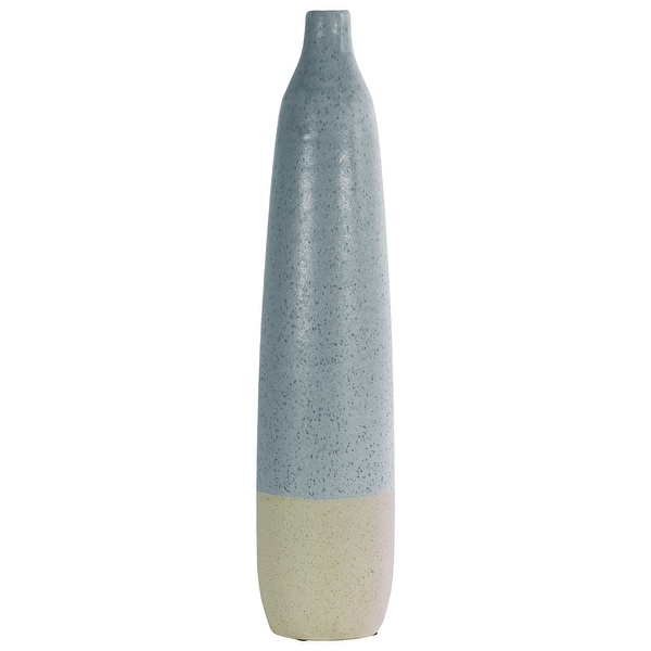 Ceramic Bottle Vase With Cream Banded Rim Bottom, Livid Blue