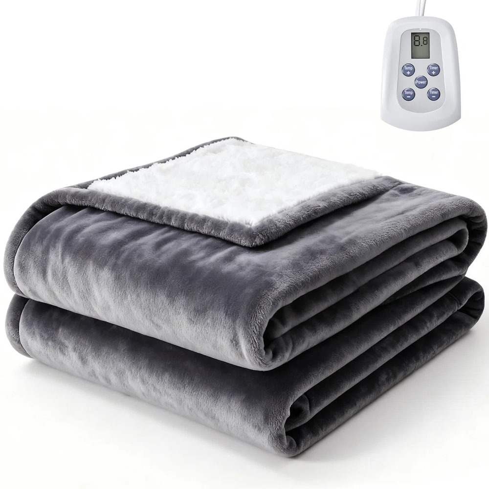 Electric Heated Blanket with Dual-Sided Flannel & Sherpa, Fast Heating & Even Warmth, Machine Washable Heated Throw for Bed