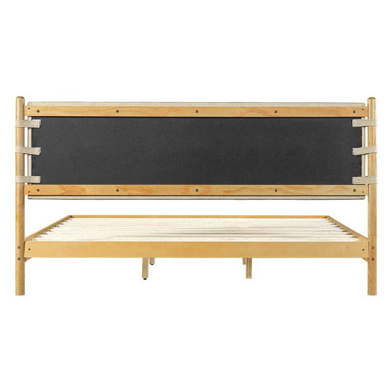 Low-Profile Platform Bed Frame with Upholstered Panel Headboard Wood Slat Supports and Center Support Legs for Bedroom Apartment