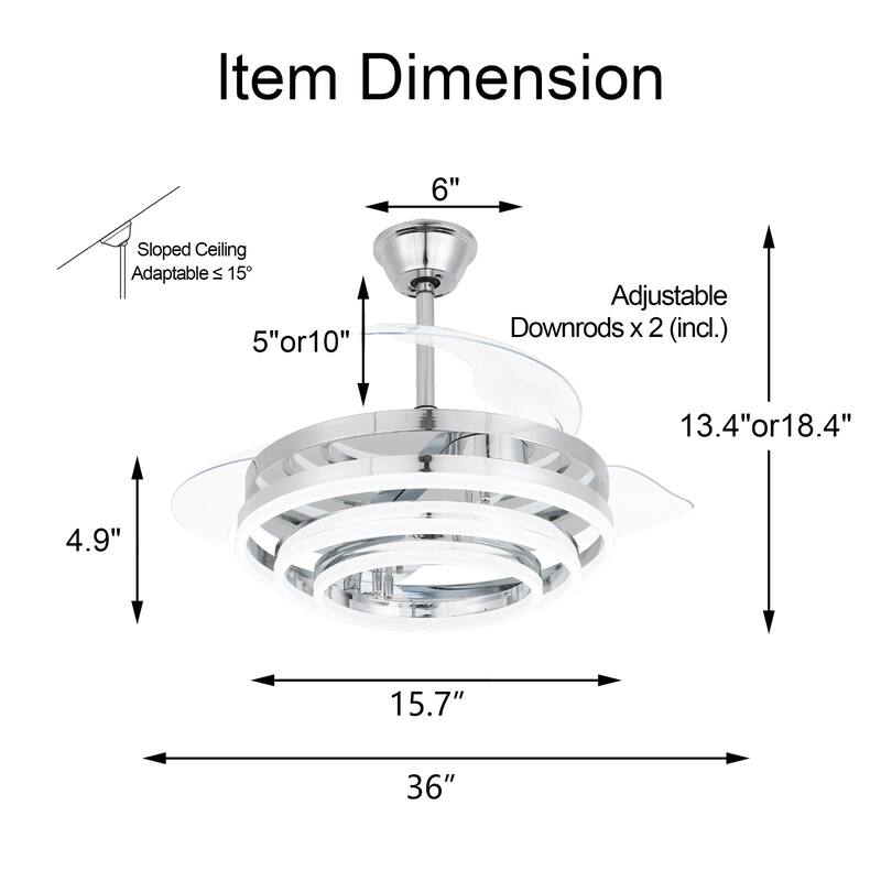 Bella Depot 42" Modern Retractable DIY Shape Ceiling Fan with Remote, 6-Speed Reversible Ceiling Fan with LED Light