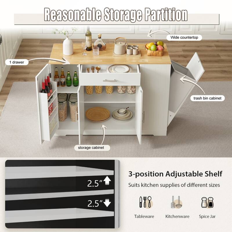 53inch Kitchen Storage Islands with Drawers and Trash Can Storage
