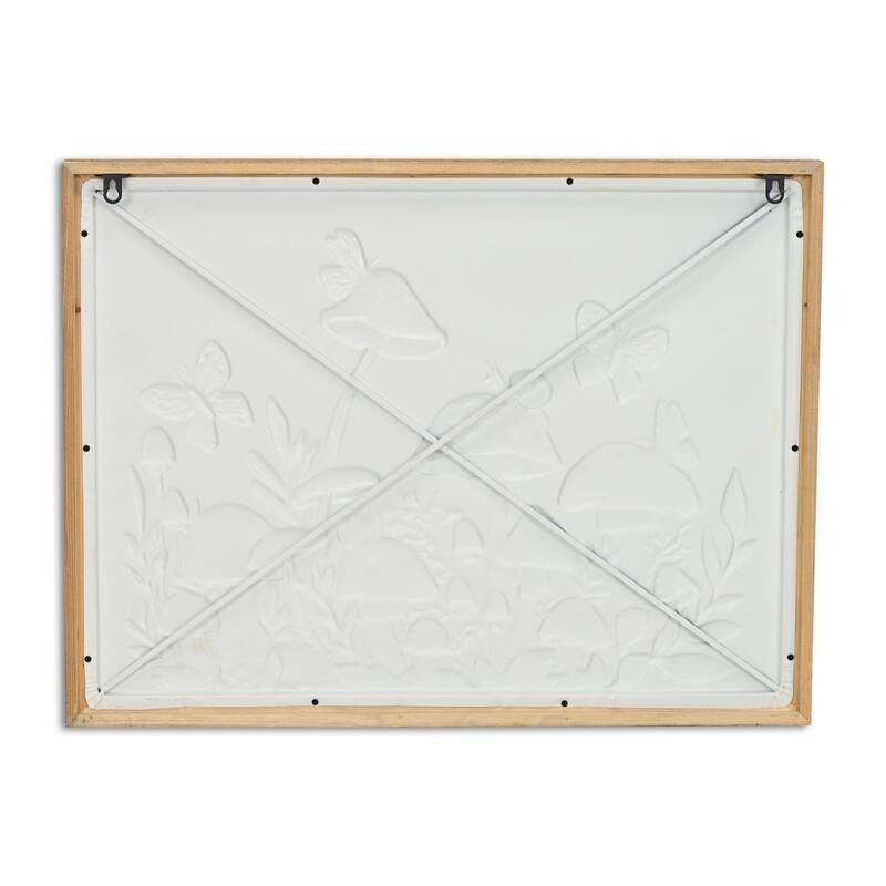 HomeRoots 20" X 26" Natural And White Butterflies and Mushrooms Metal Framed Art