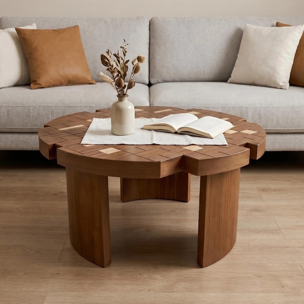 Vintage Walnut Patchwork Coffee Table for Farmhouse Boho Living Room