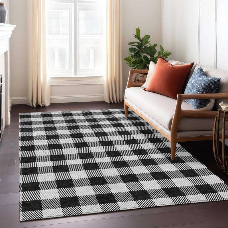 Machine Washable Indoor/ Outdoor Chantille Plaid Stripe Rug