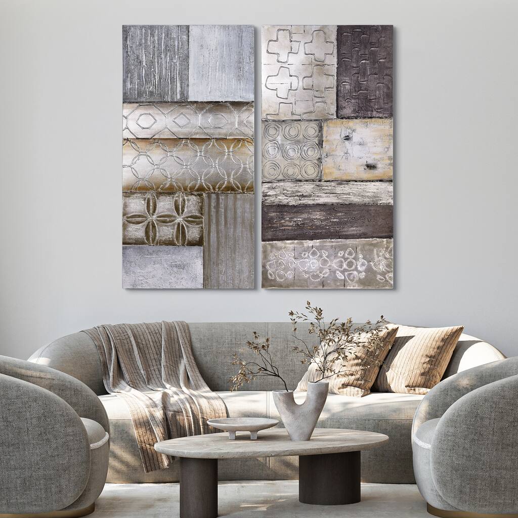 "Stacked" Abstract Textured Metallic Hand Painted Wall Art Set of 2