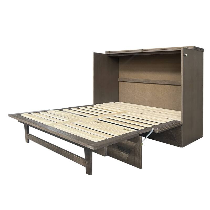 Queen Size Cabinet Murphy Bed with Charging Station and Large Storage Drawer, Geometric Veneer Foldable Murphy Bed