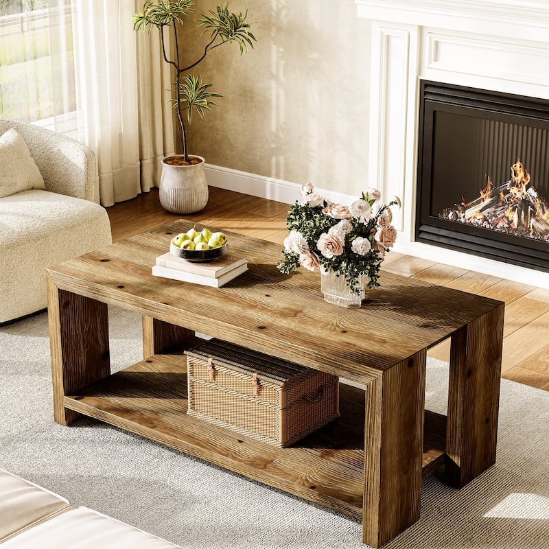 47.24" Solid Wood Coffee Table with 2-tier Storage
