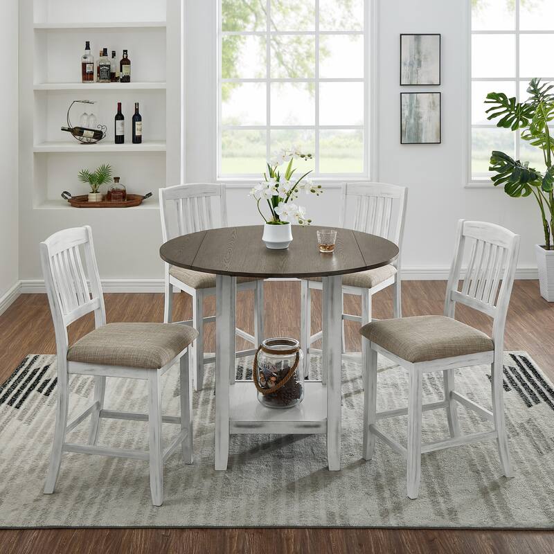 5-Piece Foldable Dining Table Set with Storage Space and 4 Chairs - Brown+white