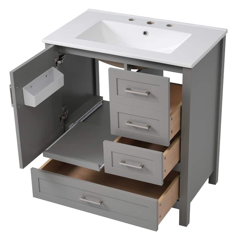 30" Bathroom Wood Storage Vanity Cabinet with Ceramic Sink, 3 Drawers
