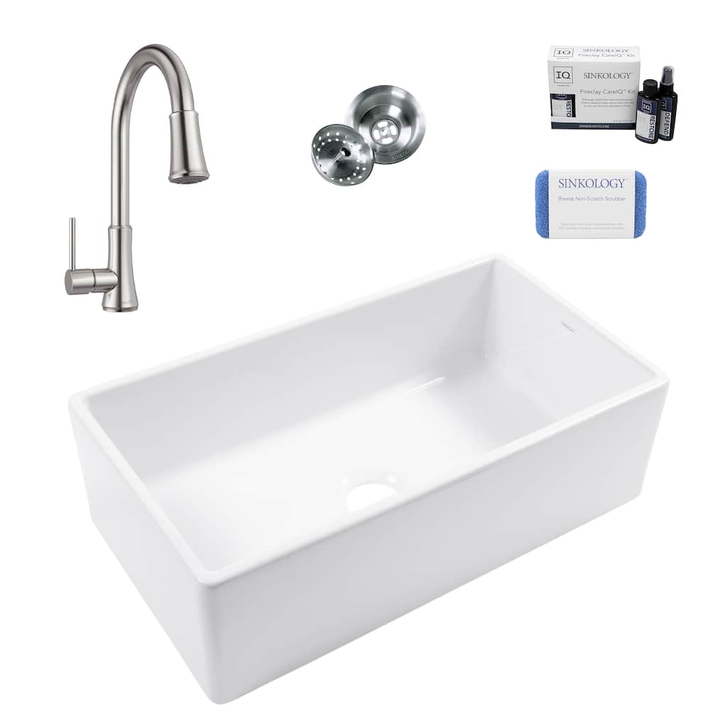 Austen Crisp White Fireclay 36" Farmhouse Apron Front Undermount Single Bowl Kitchen Sink with Pfirst Faucet Kit