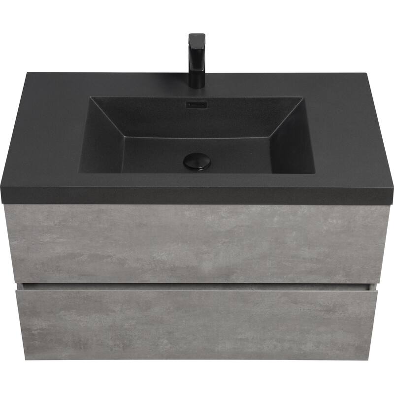 36" Wall-Mounted Floating Vanity with Premium Quartz Sand Basin, Grey Modern Storage Cabinet