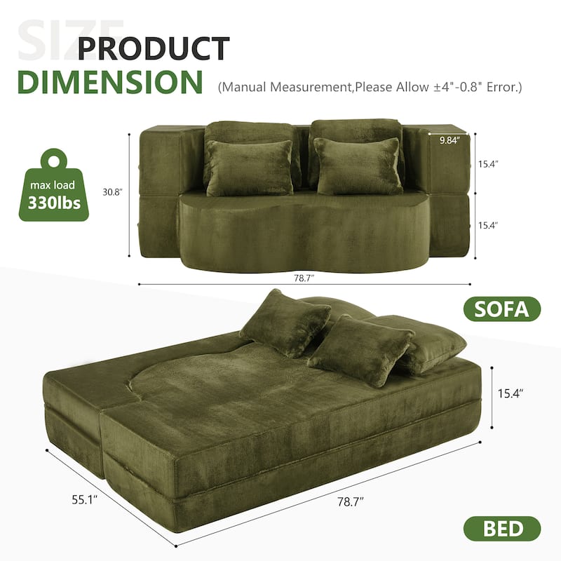 Folding Plush Futon Loveseat Couch Converts into Sleeper Sofa Bed or Yoga Mattress, High-Density Foam Queen Size Floor Bed