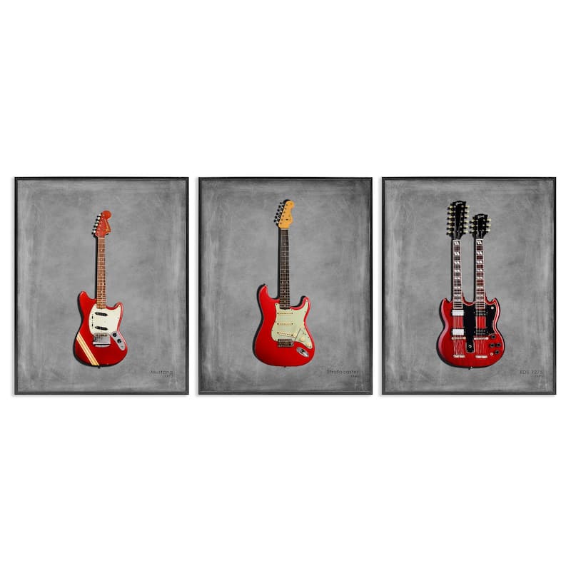 Stupell Red Guitars Collection Framed Giclee Art Design By Mark Rogan (Set of 3) - 16 x 20 - Black