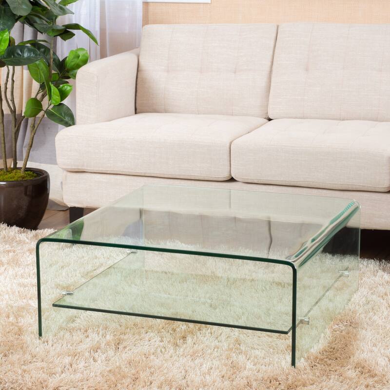 31.5" Modern All Glass Coffee Table with Storage Shelf for Living Room