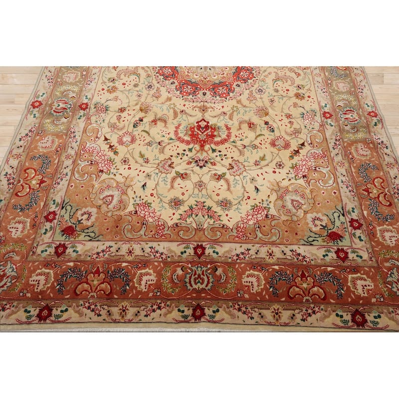 Hand Knotted Ivory Persian Wool & Silk Traditional Oriental Area Rug - 6' 7'' x 10' 2''