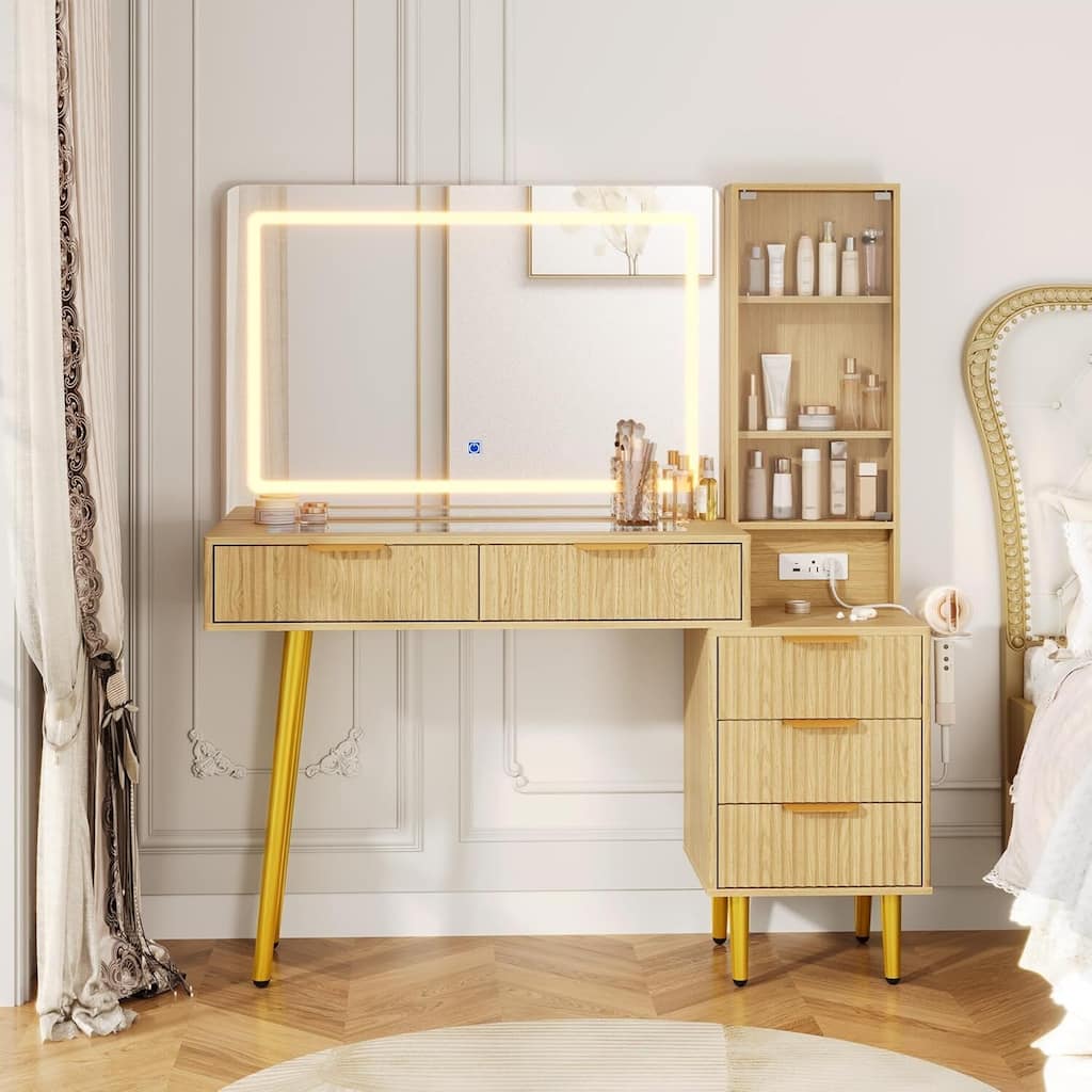 5 Drawers Vanity Desk, Makeup Dressing Table with Built-in USB Outlet Charging Station