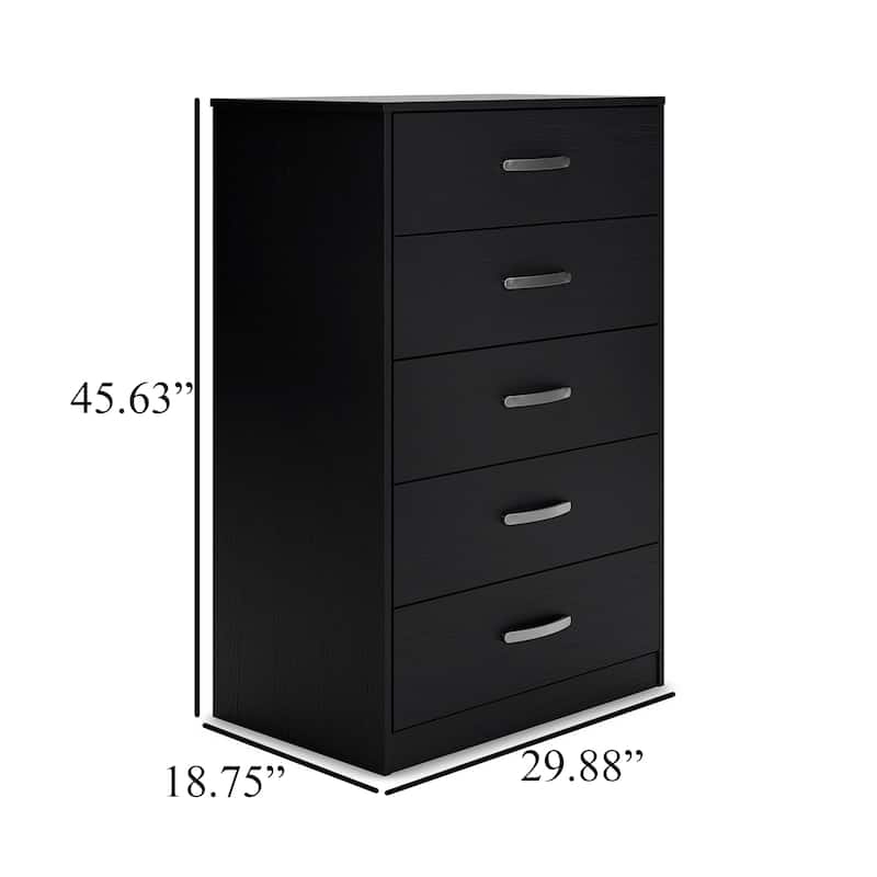 Finny Tall Dresser Chest, 5 Drawer, Matte Black, Silver Metal, 46 Inch