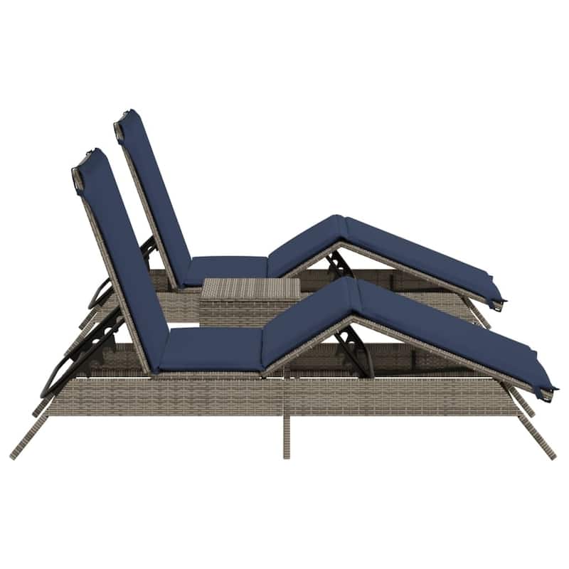 vidaXL Sun Loungers with Table Chaise Lounge 2 Pcs Poly Rattan Brown/Gray/Black - 23.2 x 78.7 x 33.5