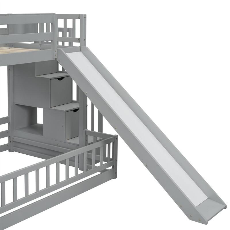 Twin Over Full Multifunctional Kids Bunk Bed Frame with Slide, Wooden Loft Bed with Storage Staircase and Guardrails