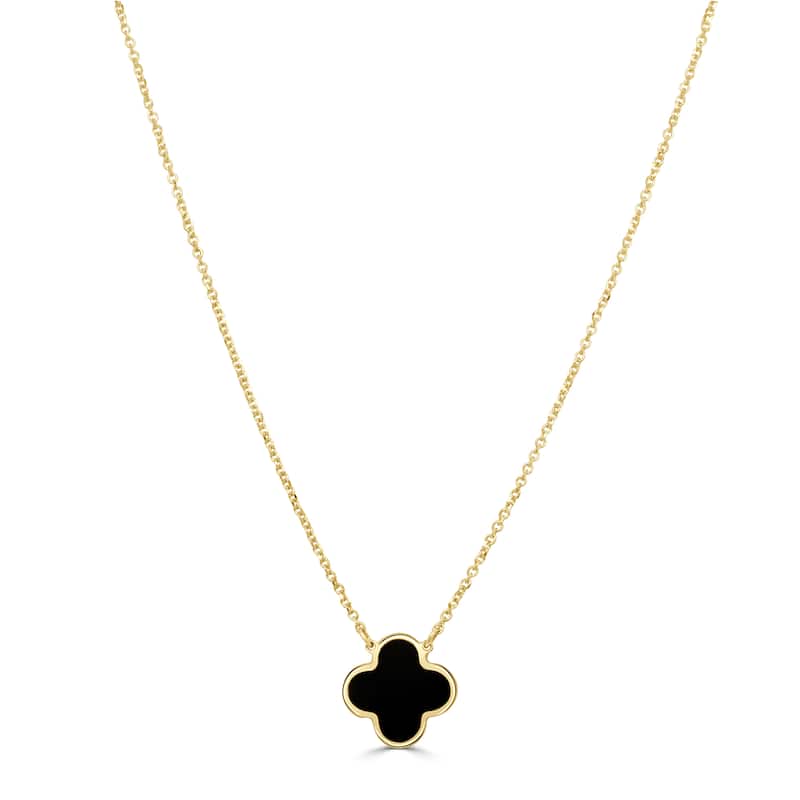 Italian Gold 14K Yellow Gold Single Clover Necklace - Made In Italy 10mm Clover 16-18 Inch Chain 1.60 grams - Black