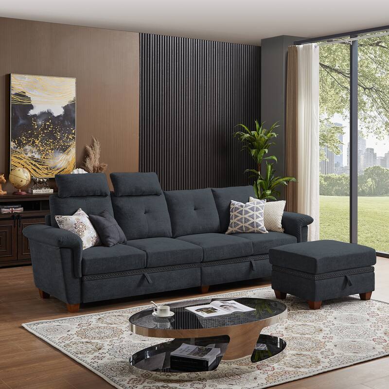 109" Modern 4 Seaters Towelling Sectional Sofa with Hidden Coffee Table Adjustable Headrest and Large Storage Space