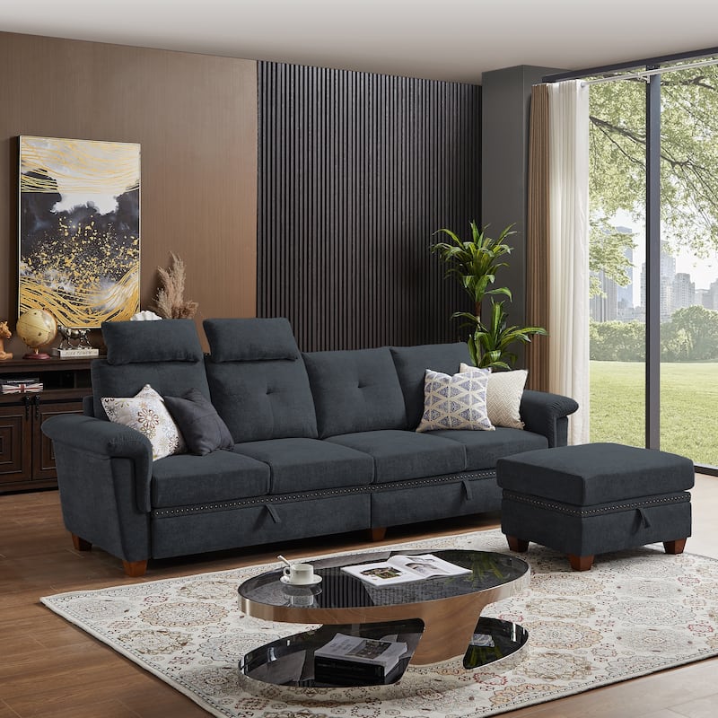 109" Modern 4 Seaters Towelling Sectional Sofa with Hidden Coffee Table Adjustable Headrest and Large Storage Space