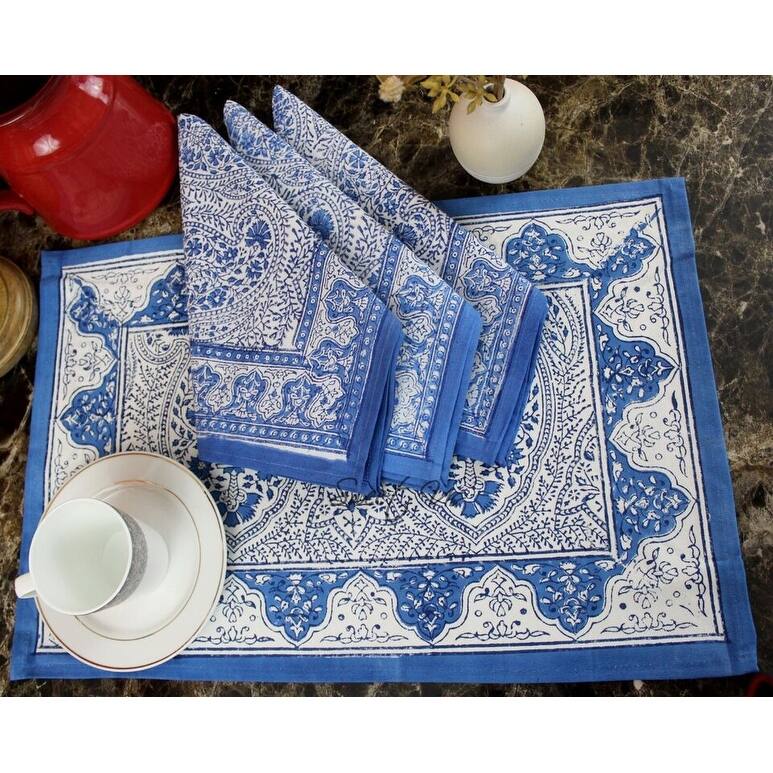 Boho Paisley Floral Block Print Cotton Tablecoth Collection - Set of 4 Placemats