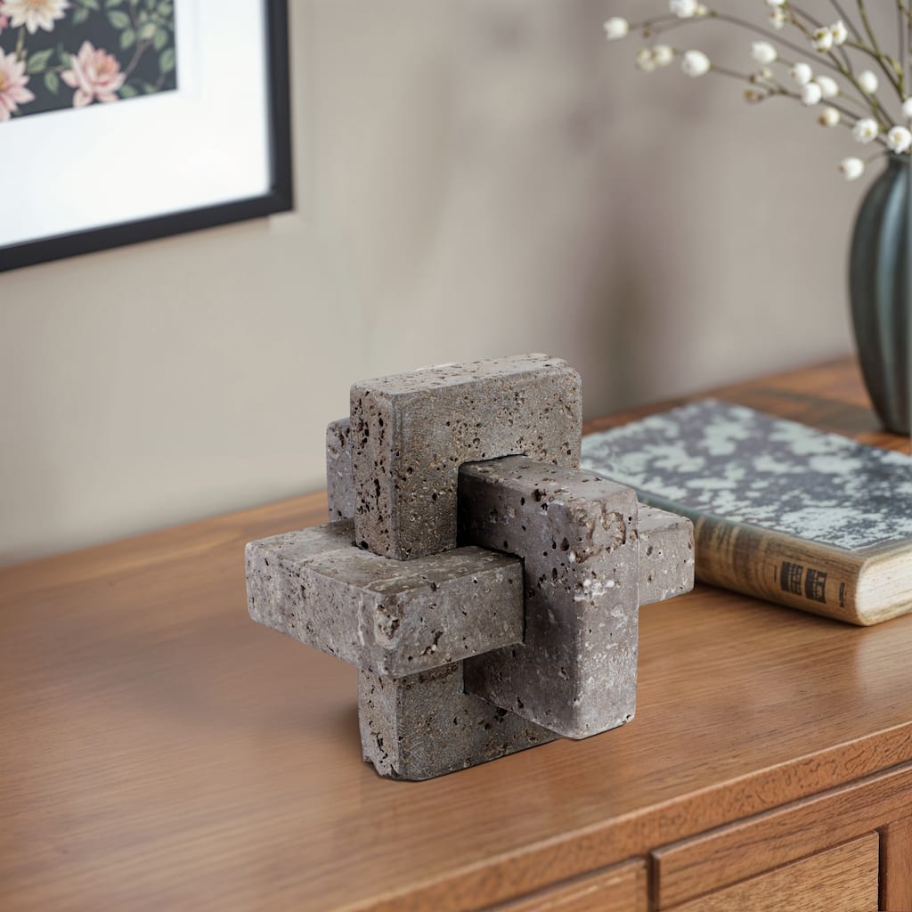 Stone Metal Decorative Object Interlocking Block Geometric Sculpture