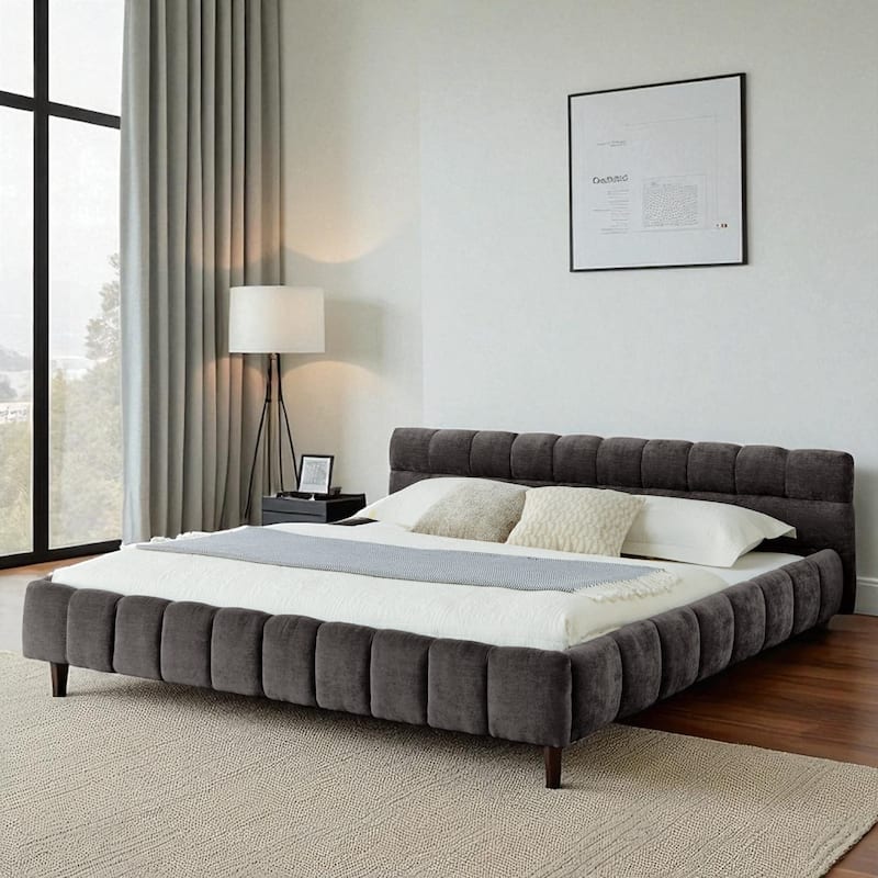 California King Upholstered Platform Bed, Thick Chenille, Low-Profile Headboard, No Box Spring, 90.5 x 80.5 x 31 in - Dark Grey - California King
