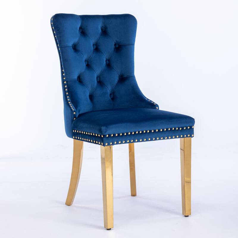 High-end Tufted Solid Wood Velvet Upholstered Dining Chair with Golden Stainless Steel Plating Legs,Nailhead Trim,Set of 2