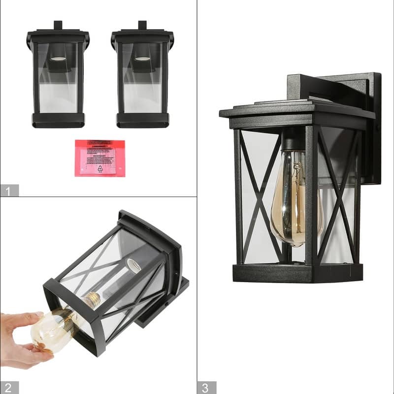 Set of 2 Modern Farmhouse Black Outdoor Wall Wall Sconces Glass Lantern Lamps - L6'' x W7'' x H11''