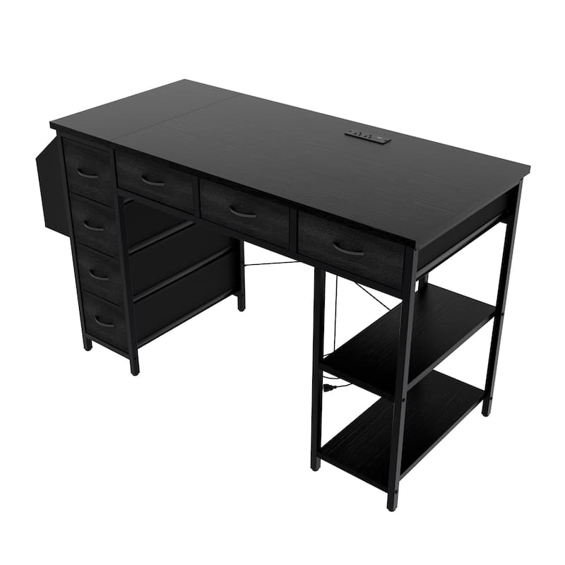 Computer Desk with 7 Drawers & Side Pocket, Home Office Desk with Power Outlets & USB Ports, Small Writing Study Table