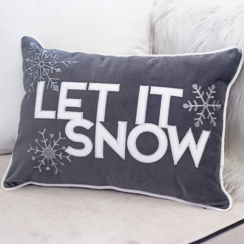 Velvet Lumbar Pillow with Snowflake Embroidery Let It Snow Design and Insert 14x20