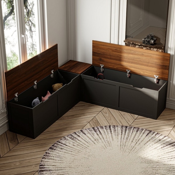 L-Shaped Storage Bench with Lift-Top Seats and Wooden Top for