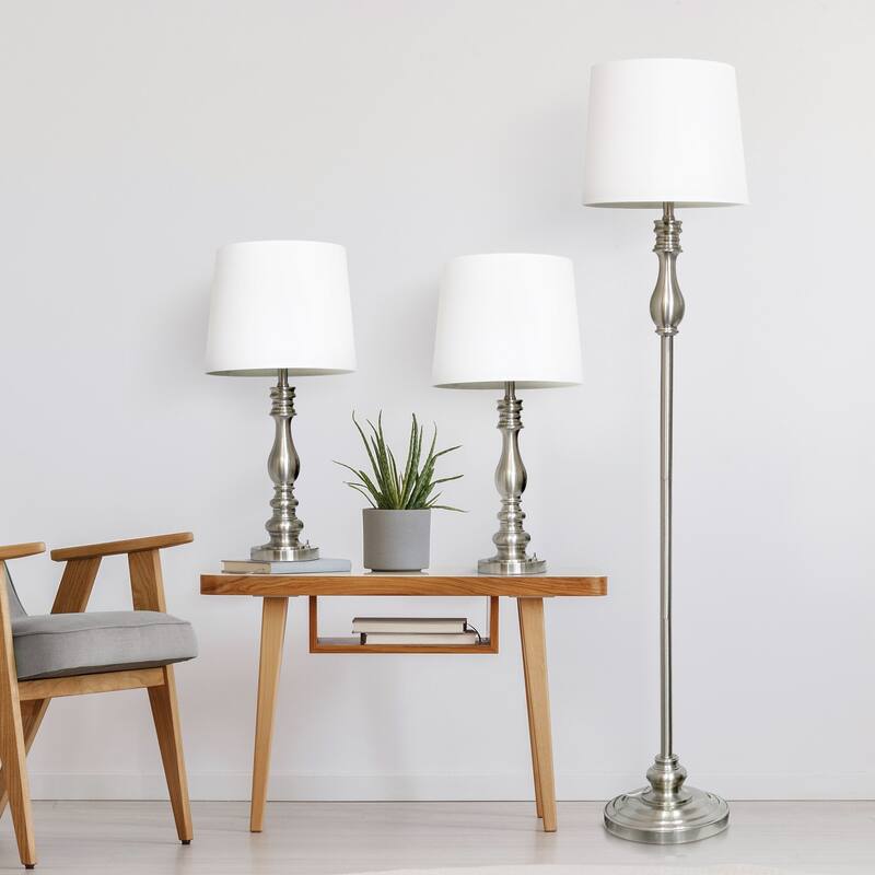 60 in. Brushed Steel Finish Table Lamp with White Shade, Sturdy Table Lamp for Living Rooms and Bedrooms