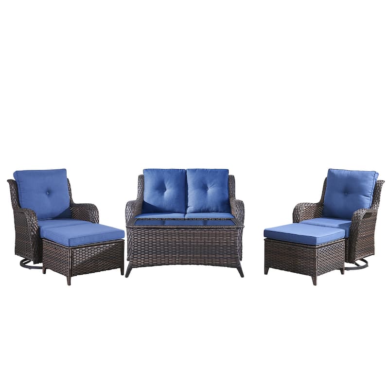 Pocassy Outdoor 6 Pieces 2-Seat Sofa Swivel Chairs Table Ottoman