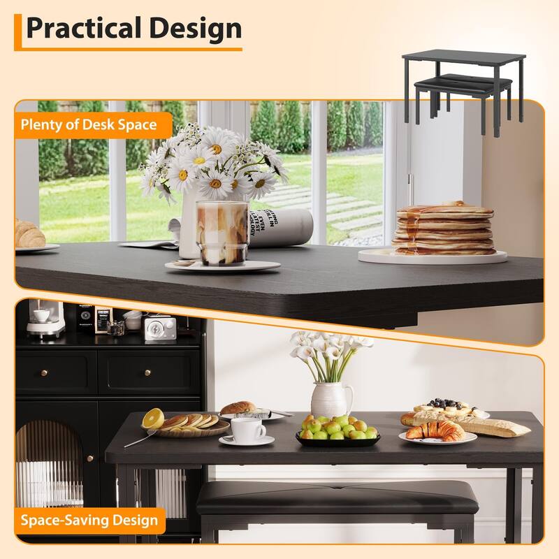 Dining Table Set for 4, Kitchen Table with 2 Benches with Metal Frame, Space-Saving