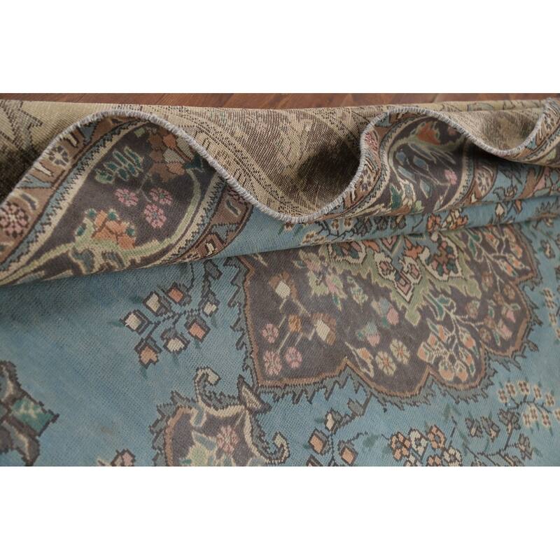 Light Blue Tabriz Vintage Persian Area Rug Handmade Wool Carpet - 6'7" x 9'3"