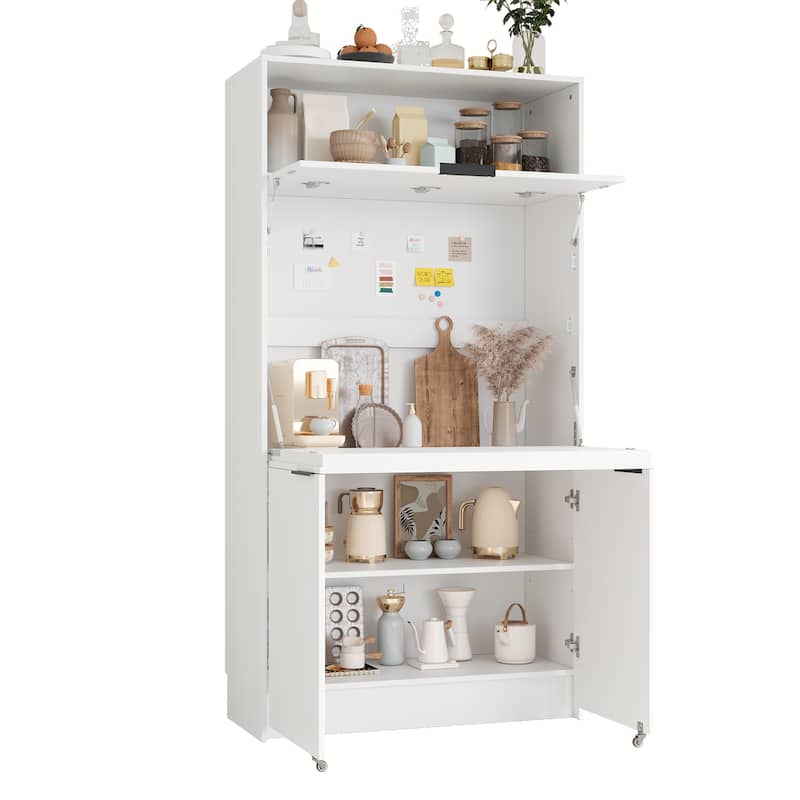 69" Kitchen Pantry Buffet with Hutch, Foldable Workstation & Power Outlet