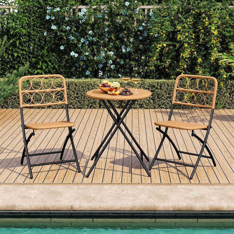 3-Piece Light Brown Wicker Patio Bistro Set with Folding Table and Chairs for Outdoor Dining - Table: 24"Dia x 28"H