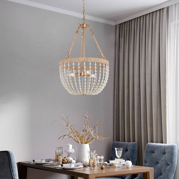slide 1 of 12, Coastal Boho Gold 3-light Chandelier Jute Rope Beads Ceiling Lights - D17" x H28.5"