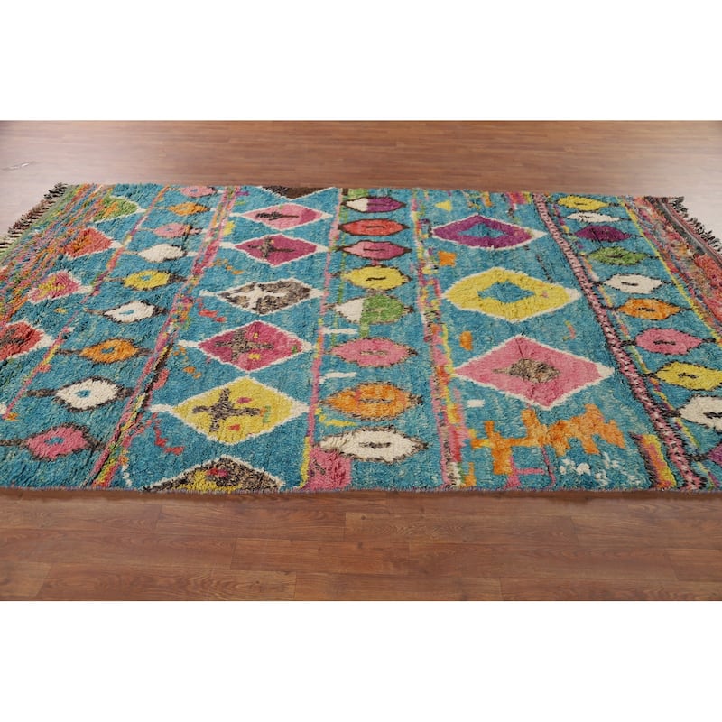 Hand Knotted Oriental 100% Wool Carpet Modern Tribal Navy Blue & Blues Moroccan Area Rug - 9' 8'' X 6' 2''