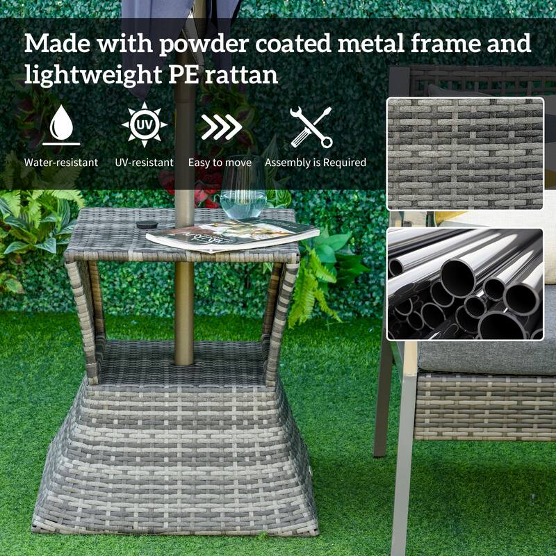Outdoor Patio Table with Umbrella Hole Mixed Brown PE Wicker Metal Frame for Backyard Poolside Balcony