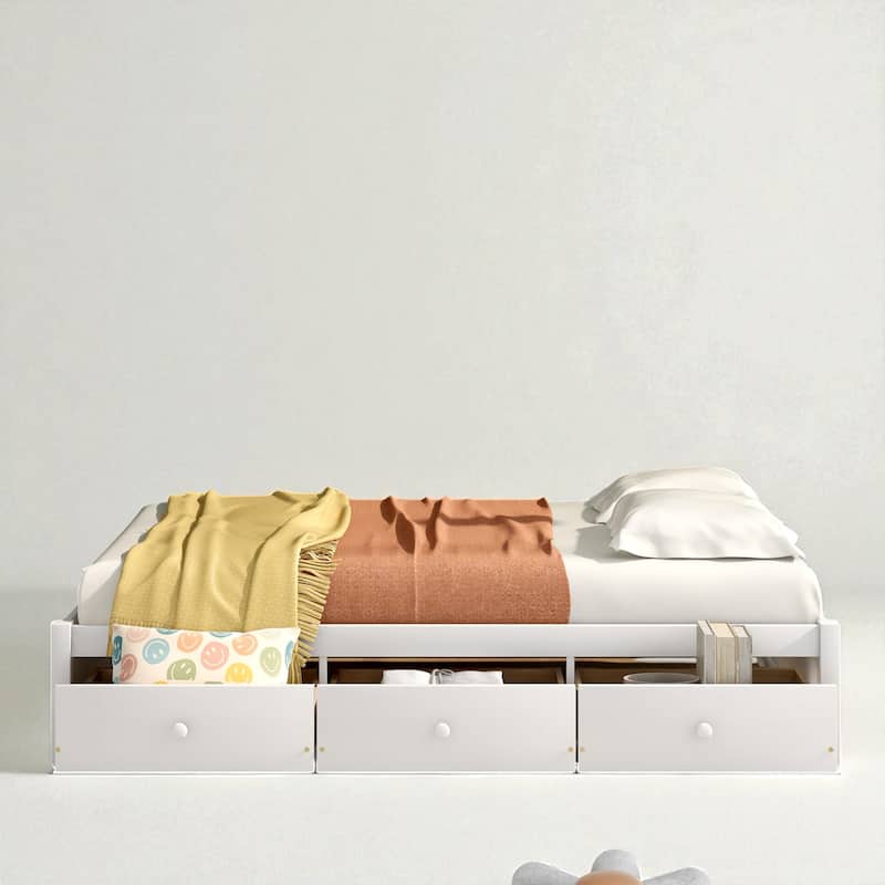 Twin Size Platform Bed with 3 Storage Drawers, Solid Pine Wood Frame and Slat Support