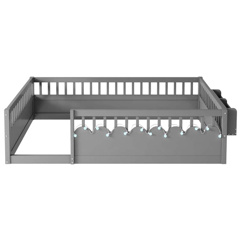 GDF Studio - Ellington Full Size Montessori Floor Bed with High Rails, LED Light, and Storage Shelf