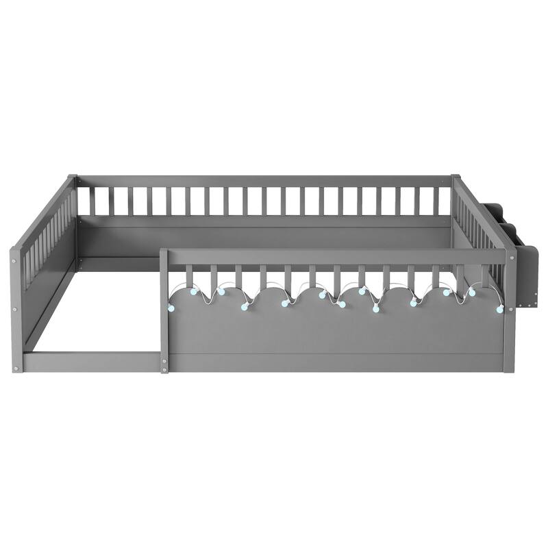 Wooden Kids Montessori Floor Bed with LED Light and Storage Shelf, No Slats