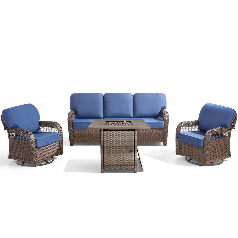 Pocassy Outdoor Fire Table with Sofa Swivel Chair Funiture Set.
