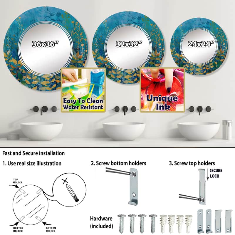 Designart 'Blue Underwater Lake leaves II' Printed Modern Round or Oval Wall Mirror - Triple C