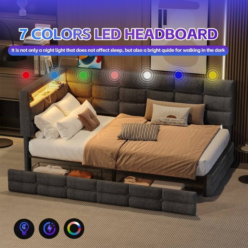 Modern Twin-size Upholstered Daybed Frame with Charging Station and LED Lights